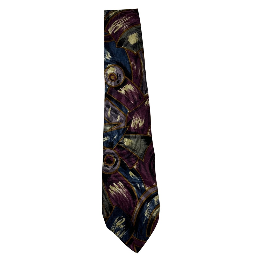 Tattersall‎ Mens Silk Necktie Abstract Geometric Brushstroke Purple Navy Gold